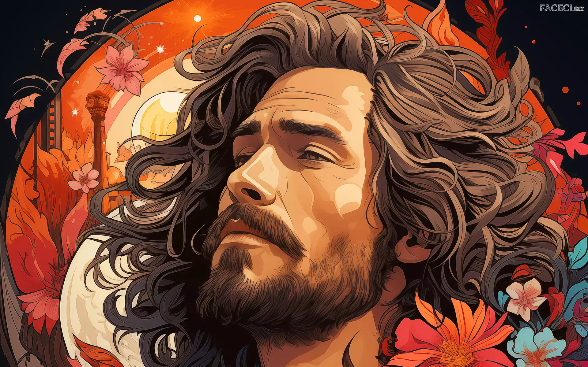 Zarost, Mężczyzna, Kwiaty, Grafika 2D, Długowłosy