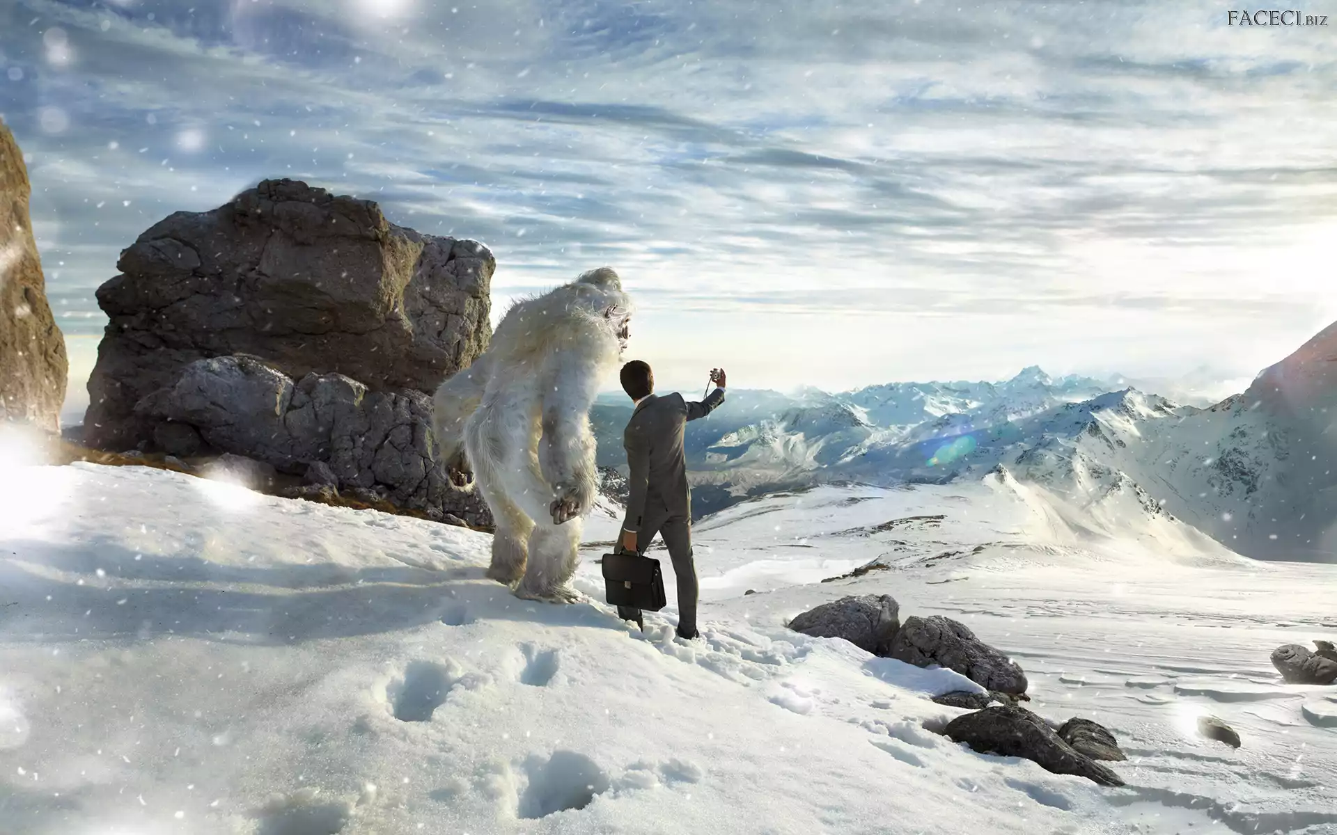 Fantasy, Śnieg, Zima, Yeti, Mężczyzna, Góry, Ślady